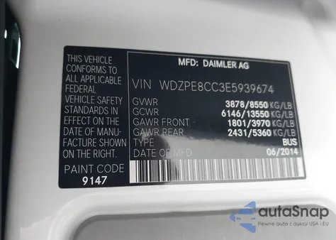 2014 Mercedes-Benz Sprinter 2500 High Roof from USA, damaged, VIN WDZPE8CC3E5939674